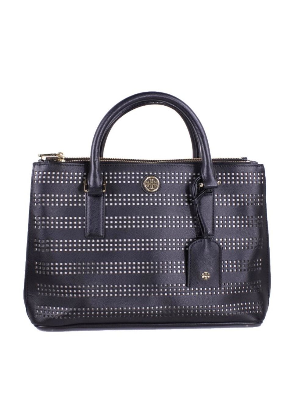 Tory Burch Robinson Perforated Leather Double Zip Tote Black Bag